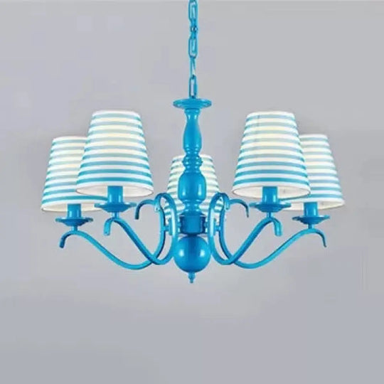 Blue Metal Chandelier: Bucket Shade Pendant Light With 5 Contemporary Lights For Dining Room