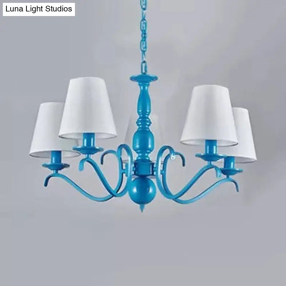 Blue Metal Chandelier: Bucket Shade Pendant Light With 5 Contemporary Lights For Dining Room