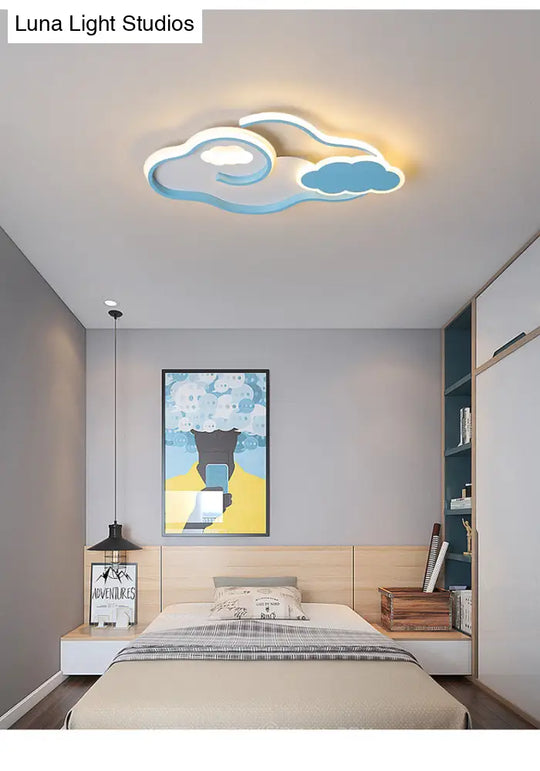 Blue Metal Led Flush Mount Ceiling Light For Cloud Kids Bedroom