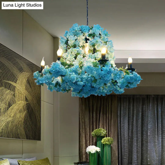 Blue Metal Candle Chandelier With Led Suspension Lighting & Cherry Blossoms - 6/8 Bulbs 8 /