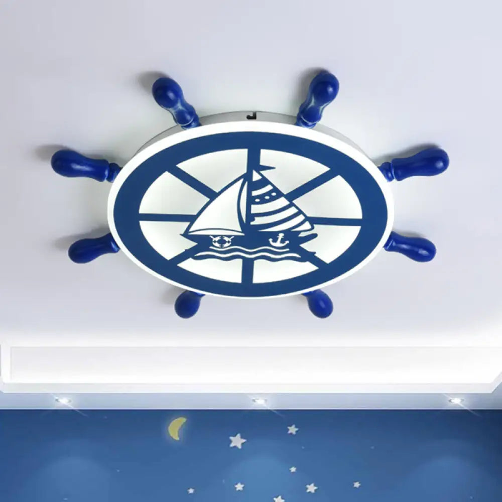 Blue Nautical Rudder Flushmount Led Ceiling Lamp For Boys Bedroom: Warm/White Light / White