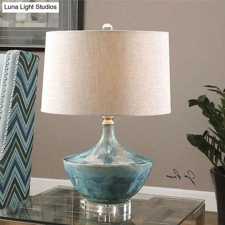 Blue Nordic Drum Fabric Night Lamp With Ceramic Base - 1 Light Table Lighting