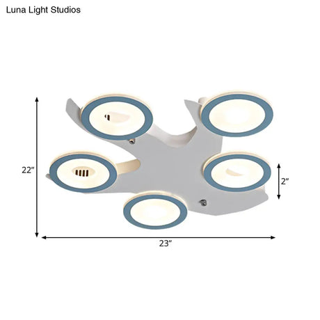 Blue Nordic Led Ceiling Light With 5 Acrylic Rings And Iron Canopy For Bedroom Flush Mount
