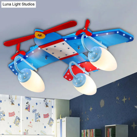 Blue Plane Ivory Glass Flushmount Lighting For Boys Bedroom - 3/4 Heads Ceiling Fixture