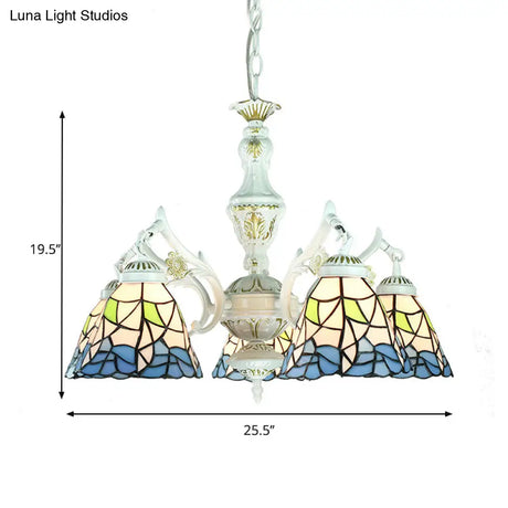 Blue Stained Glass 5-Light Chandelier With Adjustable Chain For Foyer