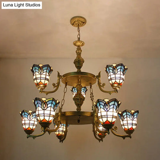 Blue Stained Glass Baroque Bell Chandelier Light With Adjustable Chain - 2 Tiers
