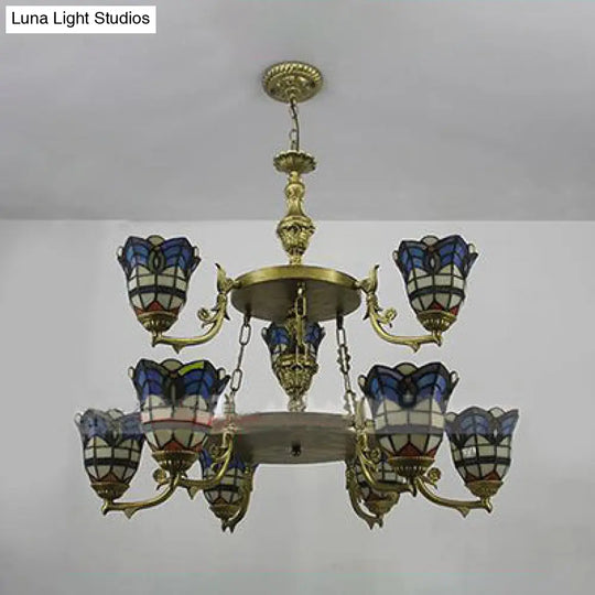 Blue Stained Glass Baroque Bell Chandelier With Adjustable Chain - 2 Tiers Suspended Lighting