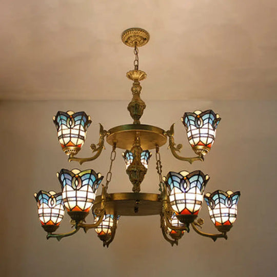 Blue Stained Glass Baroque Bell Chandelier With Adjustable Chain - 2 Tiers Suspended Lighting