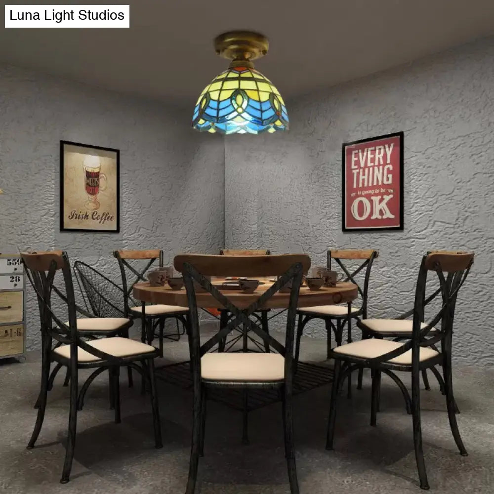 Blue Stained Glass Ceiling Light - Baroque Style Semi Flush Mount With Bell Shade / 8