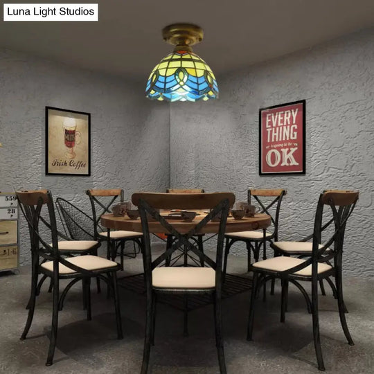 Blue Stained Glass Ceiling Light - Baroque Style Semi Flush Mount With Bell Shade / 8