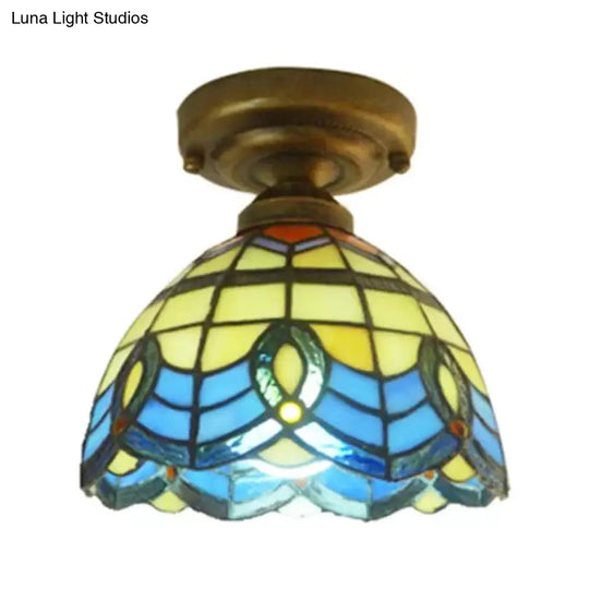 Blue Stained Glass Ceiling Light - Baroque Style Semi Flush Mount With Bell Shade