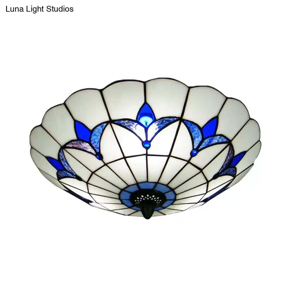 Blue Stained Glass Ceiling Light - Tiffany Style Floral Shade 3 - Light Flush Mount For Bedroom