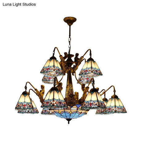 Blue Stained Glass Chandelier - Tiffany Style With 15 Lights And Baroque/Magnolia Pattern