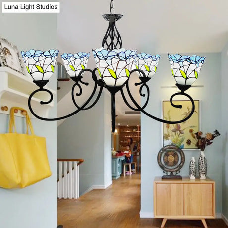 Blue Stained Glass Chandelier With 5 Floral Tiffany-Style Pendants - Perfect For Living Room
