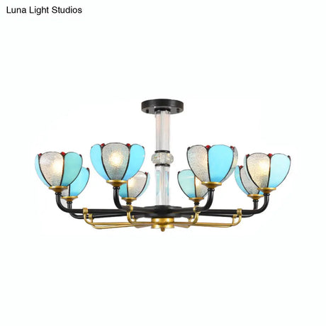 Blue Stained Glass Floral Chandelier - Traditional Pendant Lighting For Living Room 6/8 Lights