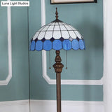 Blue Stained Glass Scalloped Dome Floor Light - 2 Bulb Pull Chain Standing Lamp