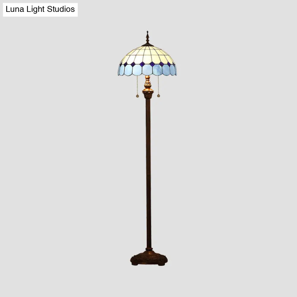 Blue Stained Glass Scalloped Dome Floor Light - 2 Bulb Pull Chain Standing Lamp
