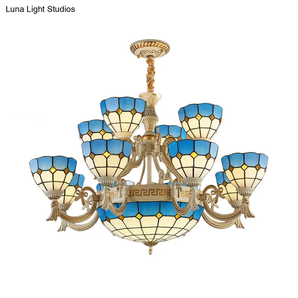 Blue Stained Glass Tiered Chandelier With 15 Lights For Living Room