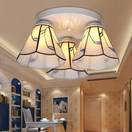 Blue Stained Glass Tiffany Ceiling Lamp For Living Room - Leaf/Stripes Flush Mount With 3/6 Lights