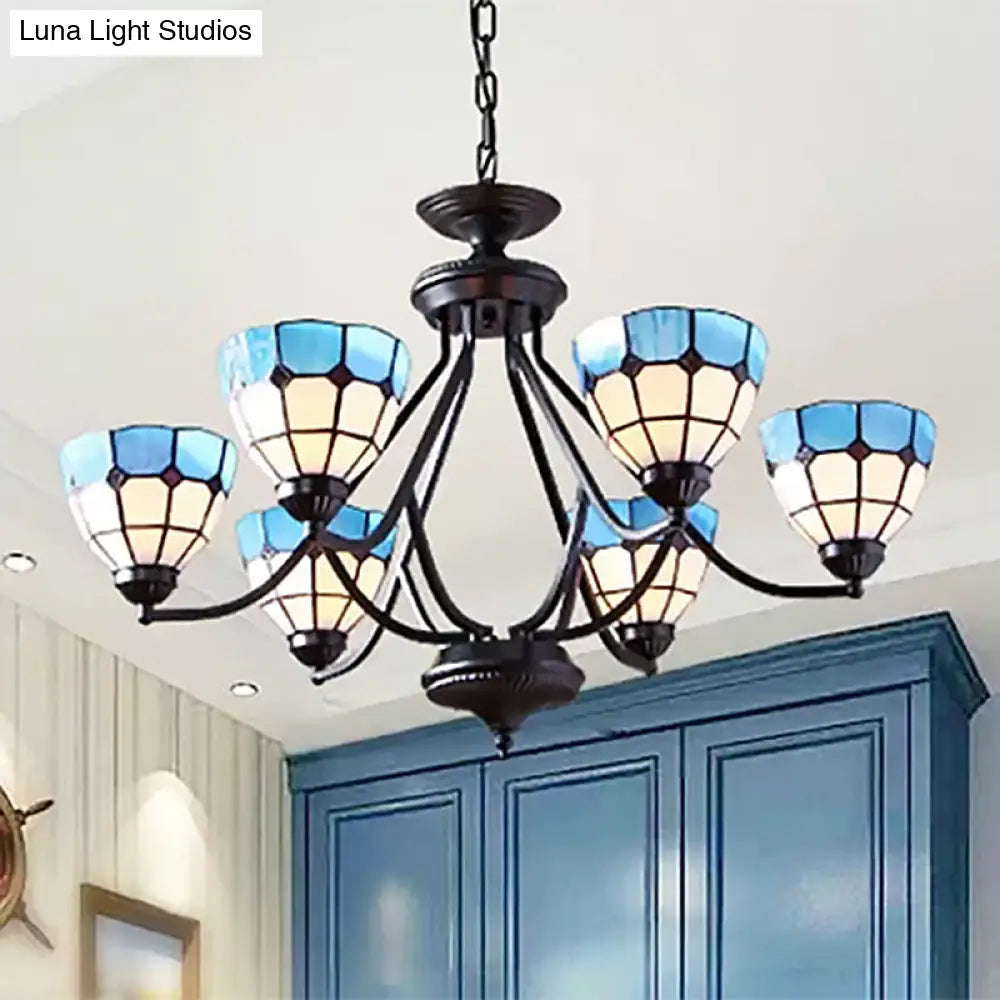 Blue Stained Glass Tiffany Pendant Chandelier Light With Upward 6/8 Lights