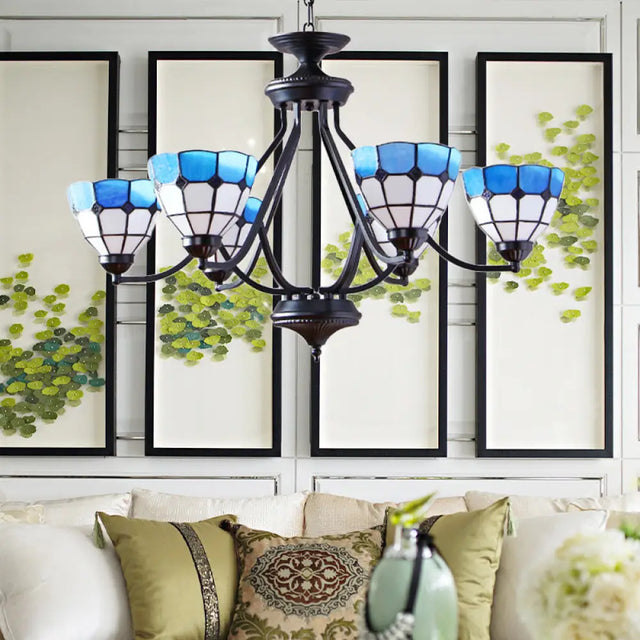 Blue Stained Glass Tiffany Pendant Chandelier Light With Upward 6/8 Lights 6 /