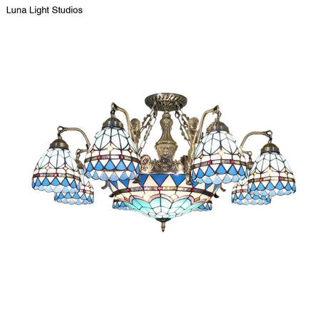 Blue Stained Glass Tiffany Pendant Lamp With 7/9 Light Cone Ceiling Chandelier