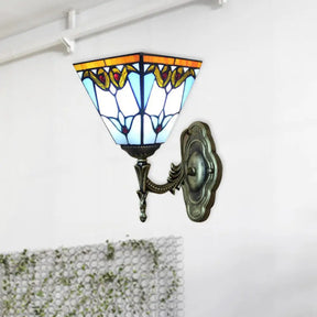 Blue Stained Glass Tiffany Victorian Sconce Lamp: Pyramid Study Room Wall Light