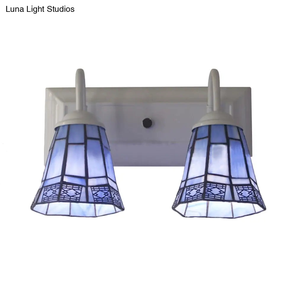 Blue Stained Glass Wall Sconce Lamp With 2 Heads - Mission Style For Dining Room