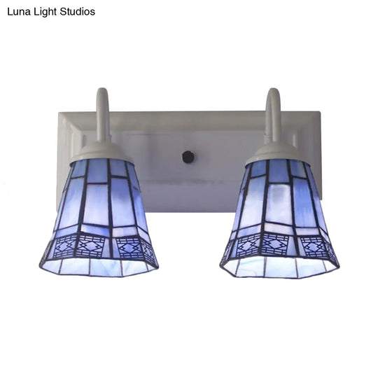 Blue Stained Glass Wall Sconce Lamp With 2 Heads - Mission Style For Dining Room