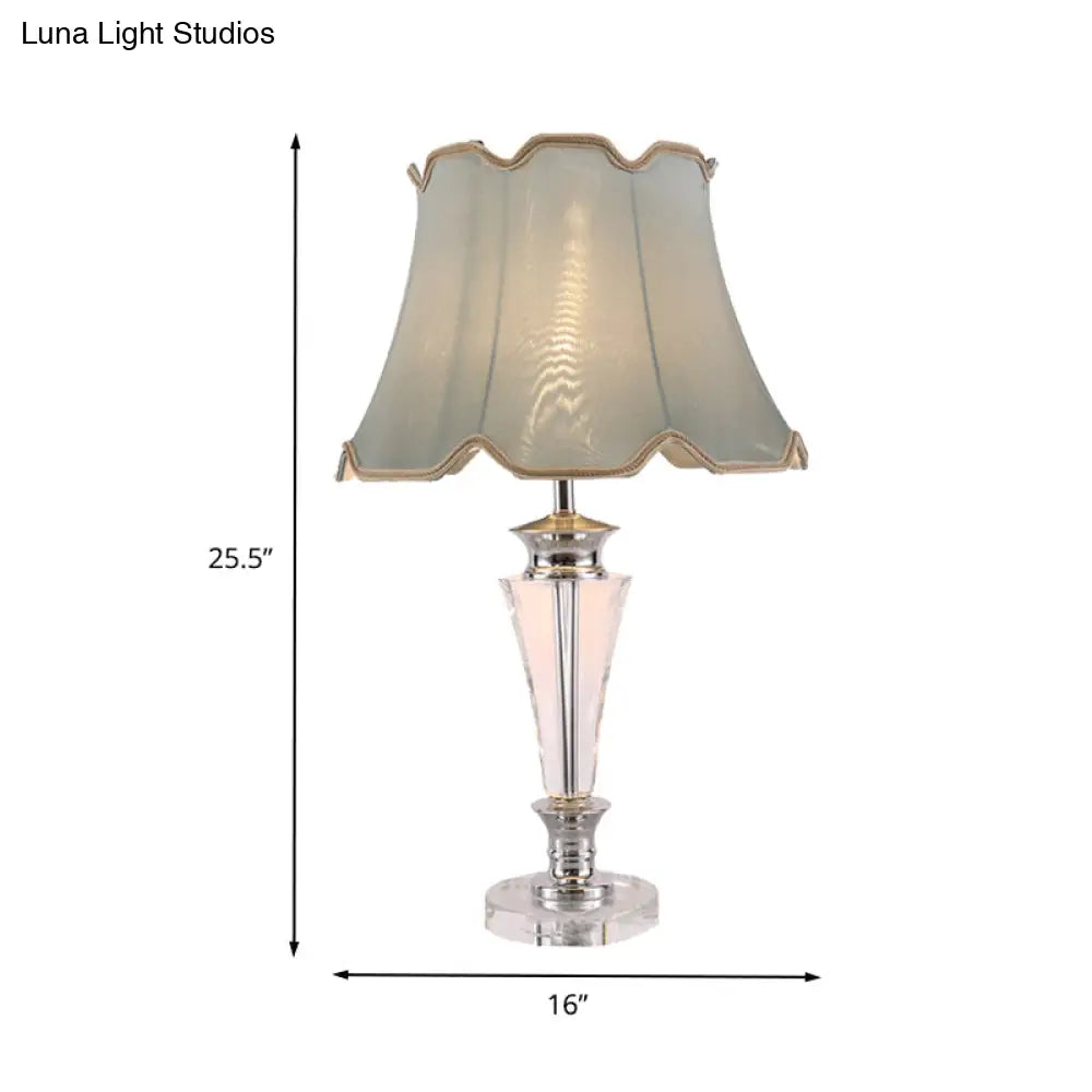Blue Tapered Fabric Task Light With Modern Hand-Cut Crystal: 1-Head Nightstand Lamp