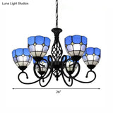 Blue Tiffany Chandelier With Art Glass Shades & Jewel Decor - 6 Light Pendant For Living Room