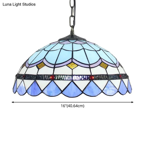 Blue Tiffany Glass Dome Hanging Lamp - 16’ Wide 1 Light