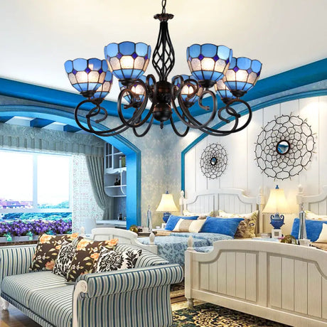 Blue Tiffany Grid Dome Ceiling Light With 6/8 Lights - Perfect Bedroom Lighting 8 /