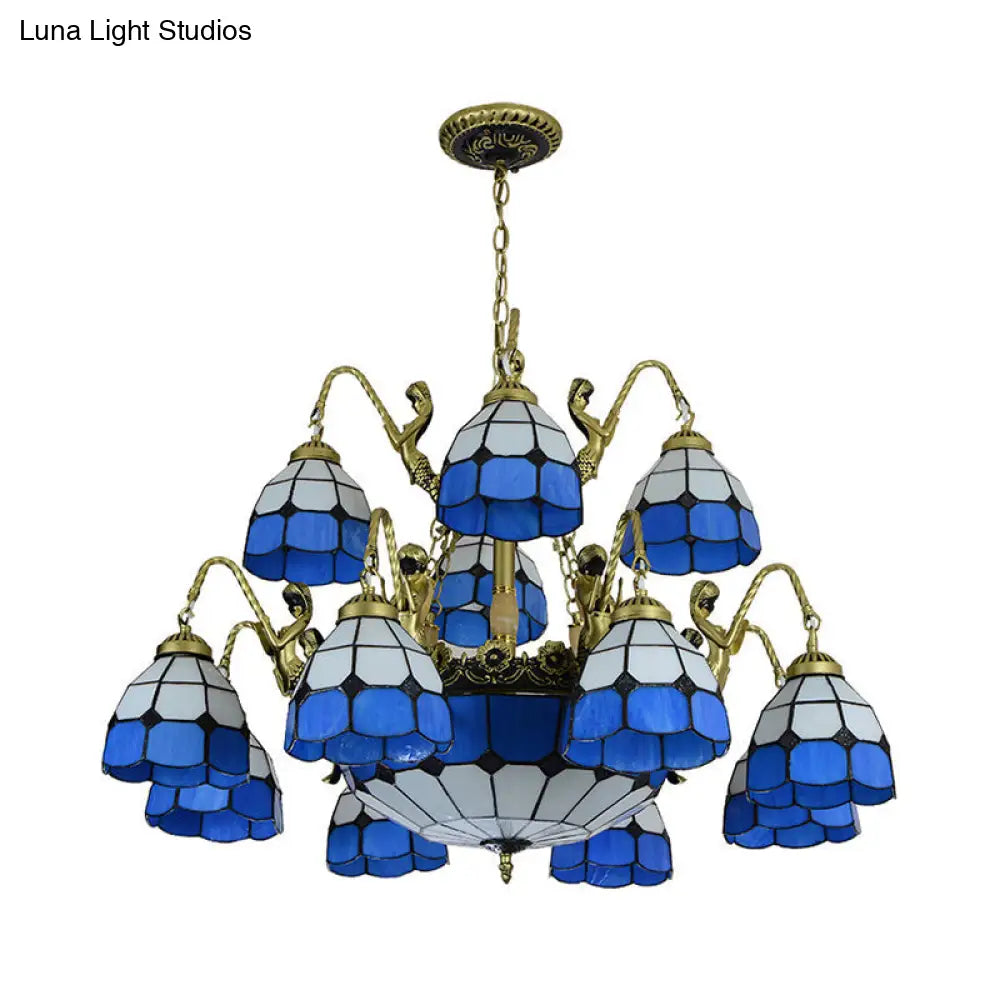 Tiffany Style Blue Chandelier Light - 15-Light Living Room Ceiling Lamp With Dome Cut Glass Shade