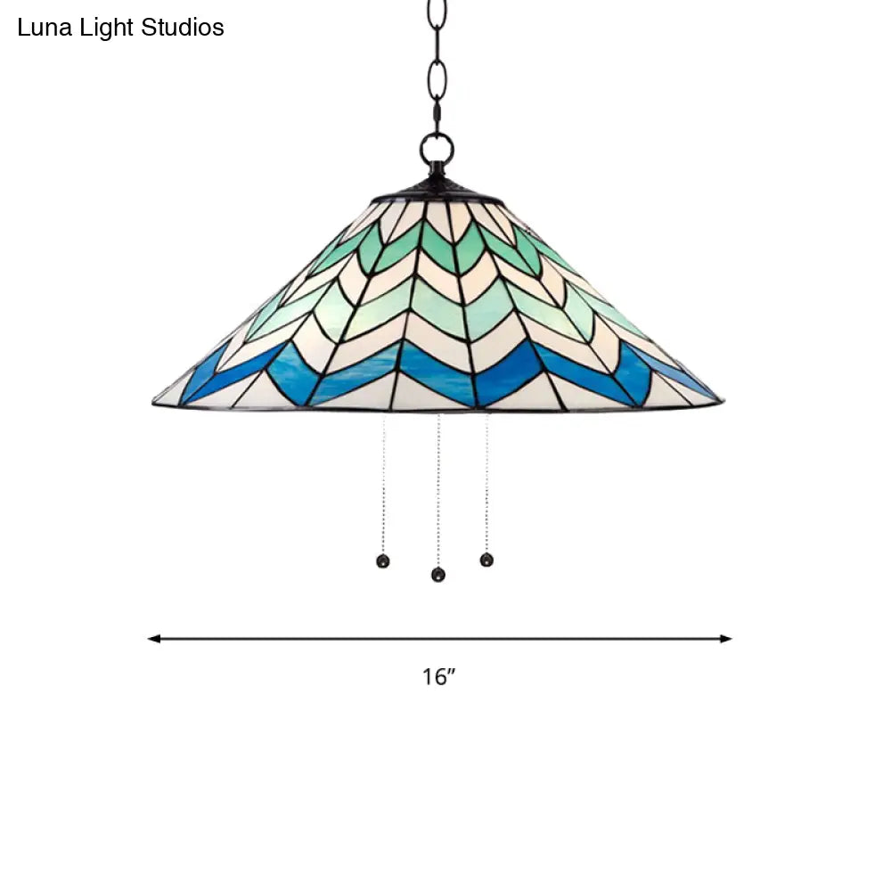 Blue Tiffany-Style Cone Pendant Light Fixture With Stained Art Glass - 16’/19.5’ W Single Head