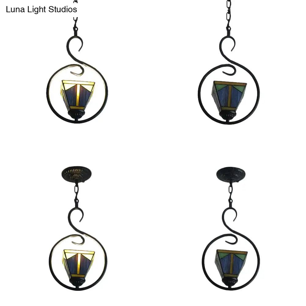 Blue Tiffany Style Stained Glass Pyramid Pendant Light With Stainless Steel Suspension - 1-Light