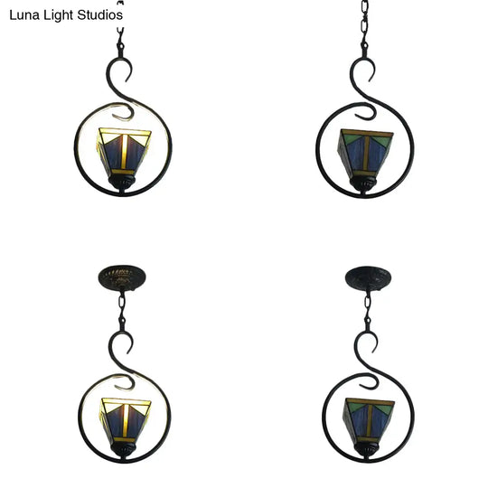 Blue Tiffany Style Stained Glass Pyramid Pendant Light With Stainless Steel Suspension - 1-Light