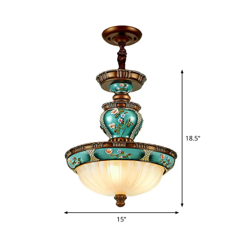 Blue Vintage Dome Hanging Lamp- 15/19 Wide Ribbed Glass Etching 3 Heads Down Lighting
