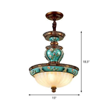Blue Vintage Dome Hanging Lamp- 15/19 Wide Ribbed Glass Etching 3 Heads Down Lighting