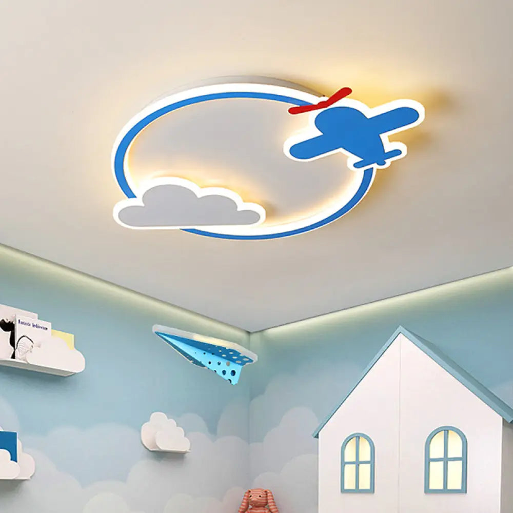 Blue & White Nursery Flush Mount Light - Metal Led Ceiling Fixture For Kids’ Room / Warm Small
