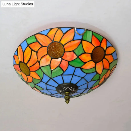 Blue/White Sunflower Tiffany Stained Glass Flush Mount Ceiling Light With 2/3 Bulbs - 12’/16’ W