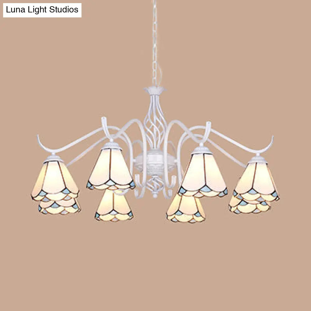 Blue/White Tiffany Indoor Pendant Light: Multi Light Cone Chandelier With Metal Chain - Ideal For