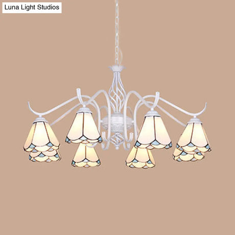 Blue/White Tiffany Indoor Pendant Light: Multi Light Cone Chandelier With Metal Chain - Ideal For