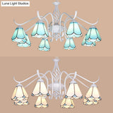 Blue/White Tiffany Indoor Pendant Light: Multi Light Cone Chandelier With Metal Chain - Ideal For