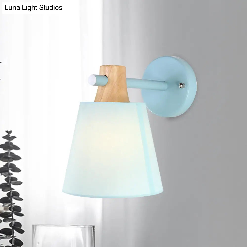 Blue/White/Yellow Macaron Fabric Conical Wall Light Fixture: Unique Sconce Design With Straight Arm