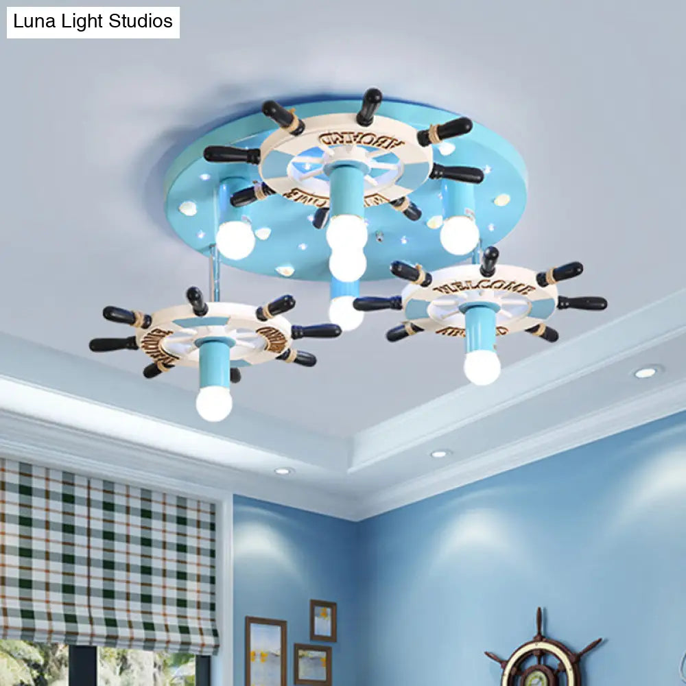 Blue Wood Rudder Semi Flush Mount Lighting - Mediterranean Style 7 Bulb Lamp Fixture