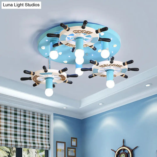 Blue Wood Rudder Semi Flush Mount Lighting - Mediterranean Style 7 Bulb Lamp Fixture