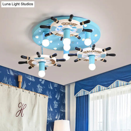 Blue Wood Rudder Semi Flush Mount Lighting - Mediterranean Style 7 Bulb Lamp Fixture