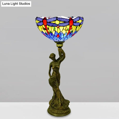 Bowl Table Night Lamp In Brass With Stained Glass Baroque Petal/Dragonfly Pattern & Resin Naked