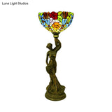 Bowl Table Night Lamp In Brass With Stained Glass Baroque Petal/Dragonfly Pattern & Resin Naked